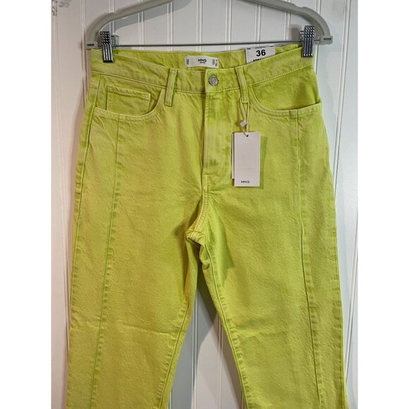 MNG Denim Straight Cropped High Waist Jeans Women Size 36 Bright Lime Green - Picture 6 of 16